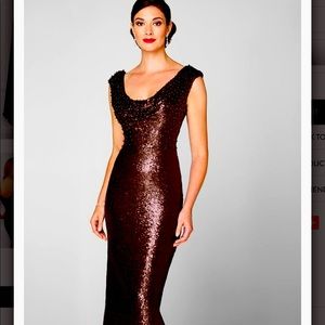 Bronze Mon Cheri formal gown.